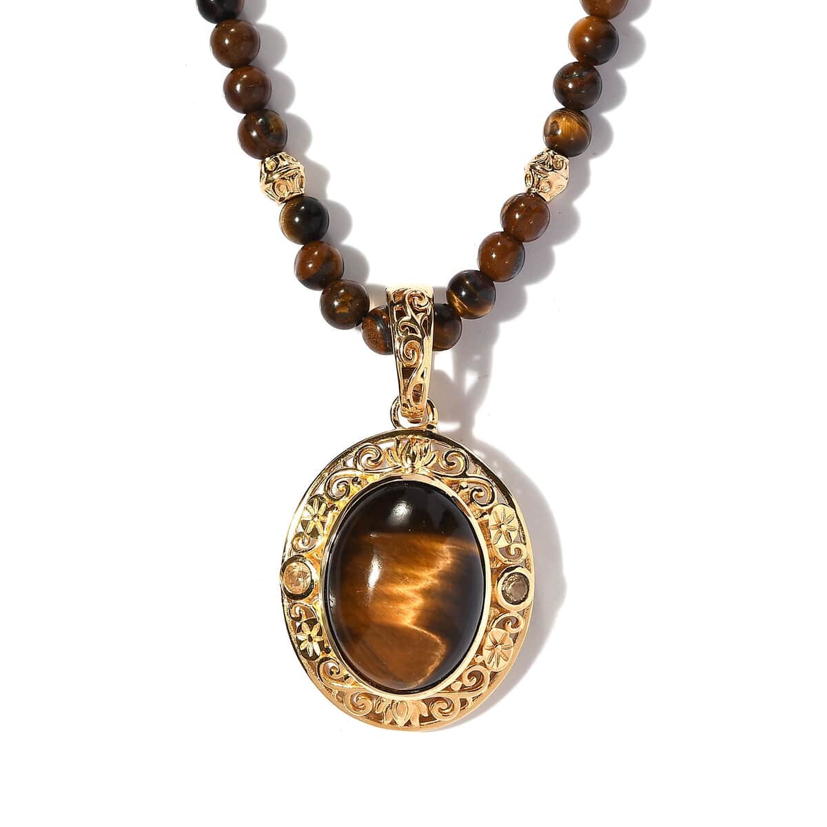 TLV Tiger's Eye, Brazilian Citrine Beaded Necklace (18 Inches) in 14K YG Over Copper 48.40 ctw image number 0