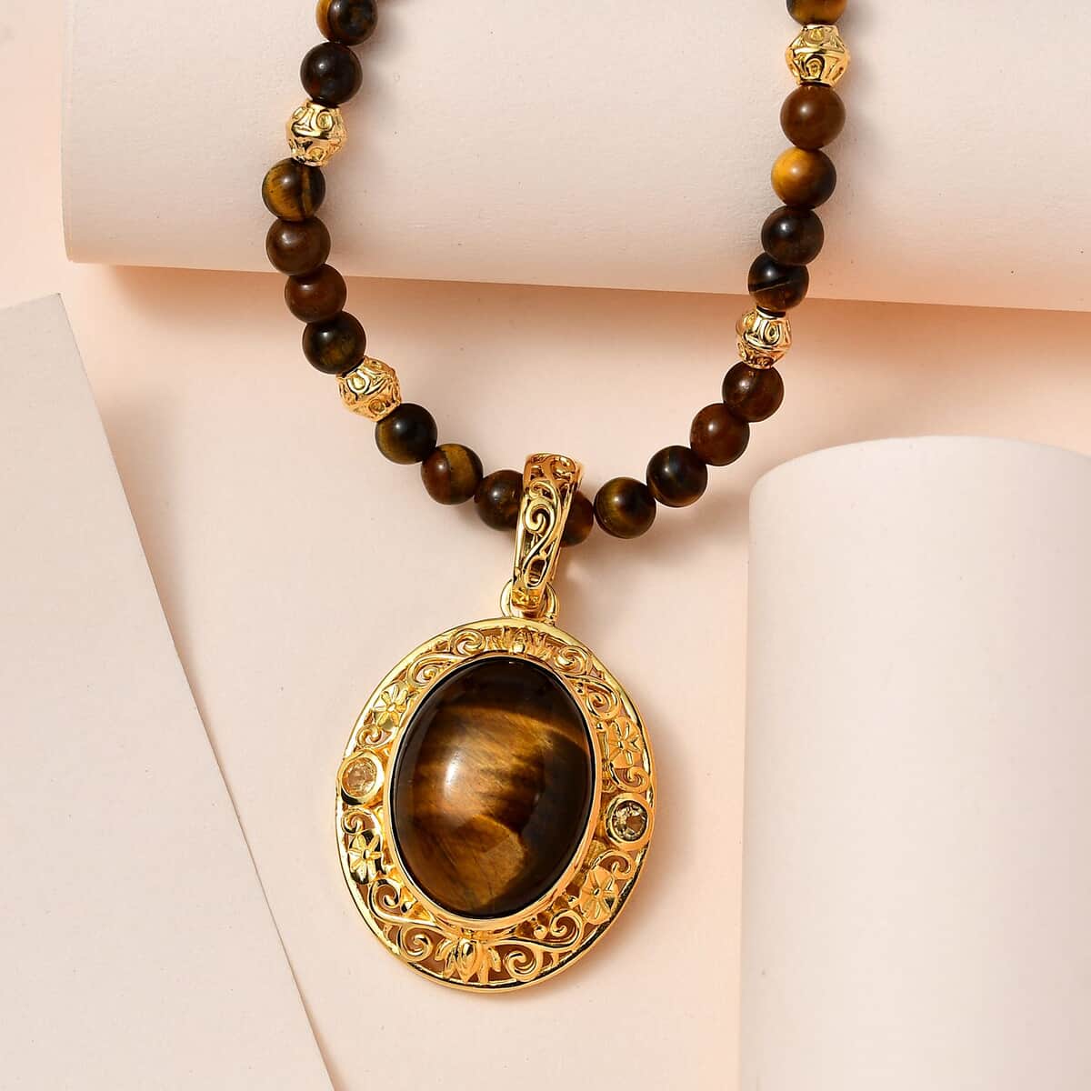 TLV Tiger's Eye, Brazilian Citrine Beaded Necklace (18 Inches) in 14K YG Over Copper 48.40 ctw image number 1