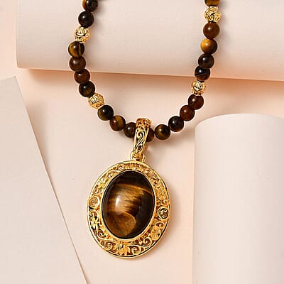 Tiger's Eye and Brazilian Citrine Beaded Necklace 18-20 Inches in 14K Yellow Gold Over Copper with Magnet 46.60 ctw