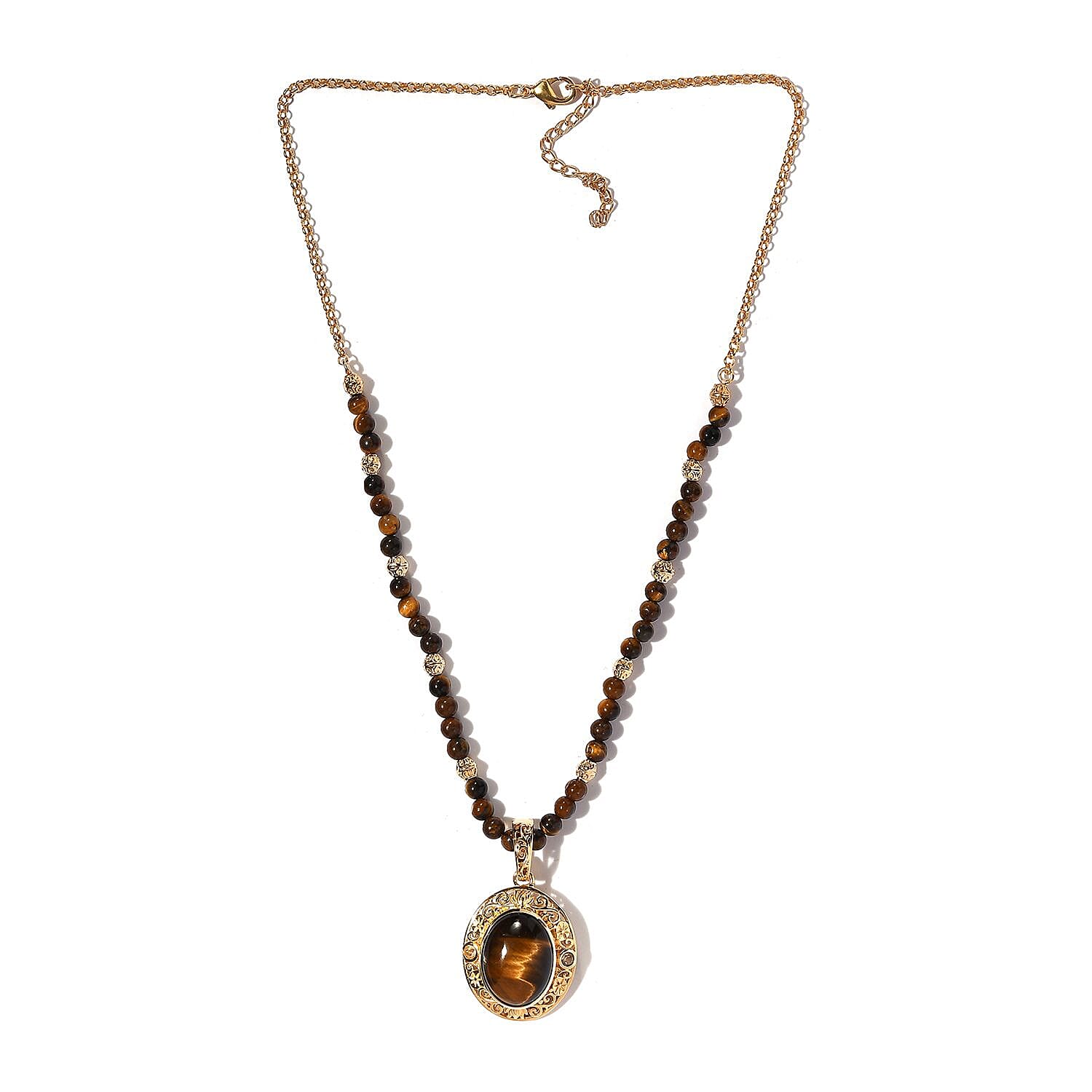 Tiger's Eye and Brazilian Citrine Beaded Necklace 18-20 Inches in 14K Yellow Gold Over Copper with Magnet 46.60 ctw
