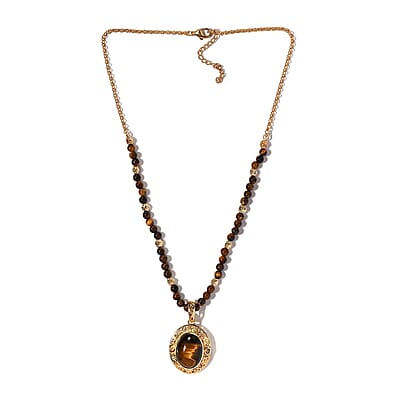 Tiger's Eye and Brazilian Citrine Beaded Necklace 18-20 Inches in 14K Yellow Gold Over Copper with Magnet 46.60 ctw