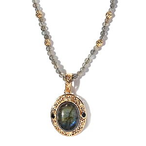 Malagasy Labradorite and Thai Black Spinel Beaded Necklace 18-20 Inches in 14K Yellow Gold Over Copper with Magnet 31.65 ctw