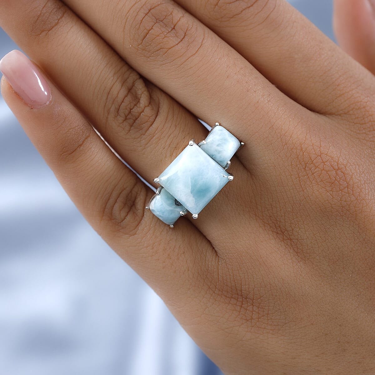 Premium Larimar and Natural White Zircon 3 Stone Ring in Platinum Over Sterling Silver 13.60 ctw image number 2