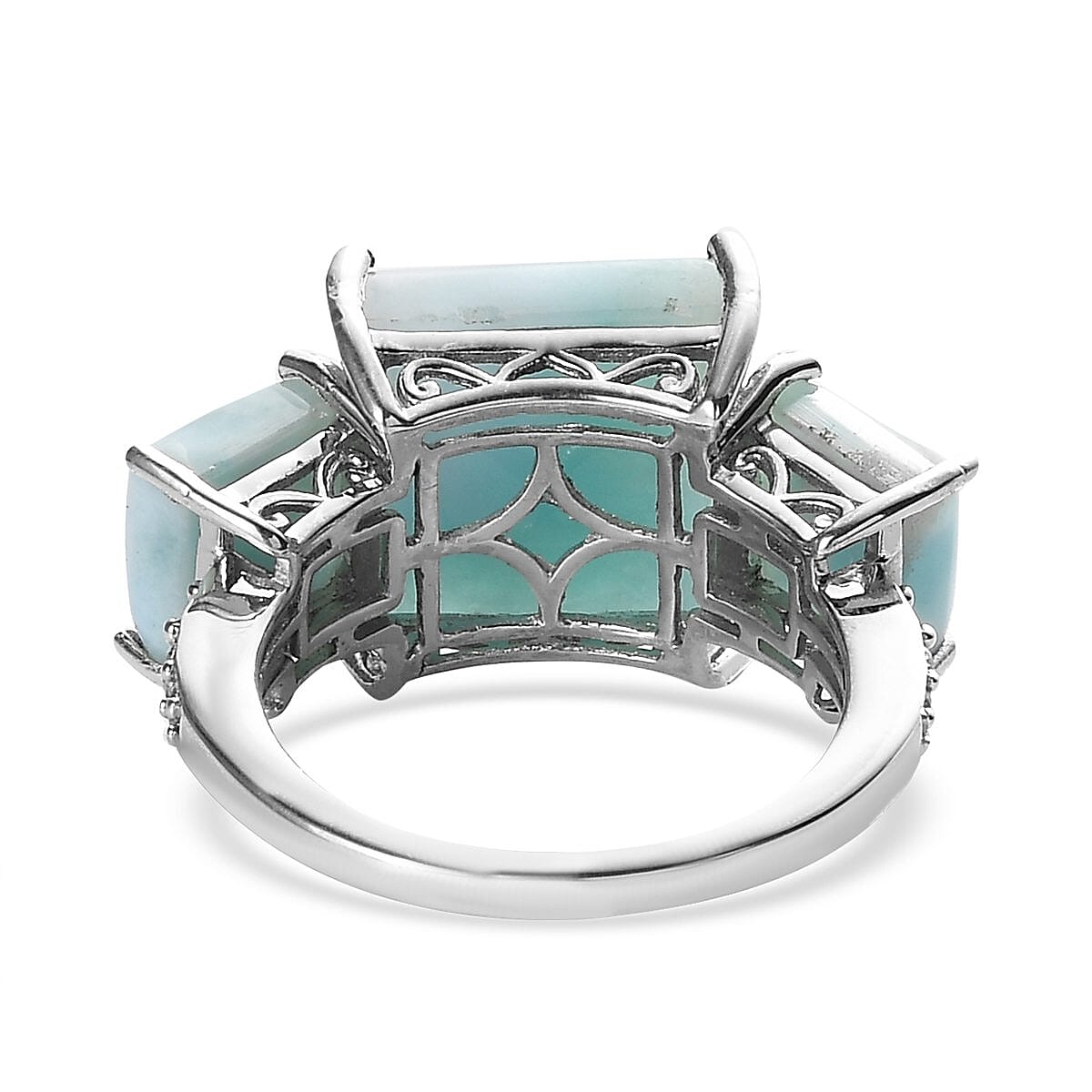 Premium Larimar and White Zircon 3 Stone Ring in Platinum Over Sterling Silver (Size 10.0) 13.60 ctw