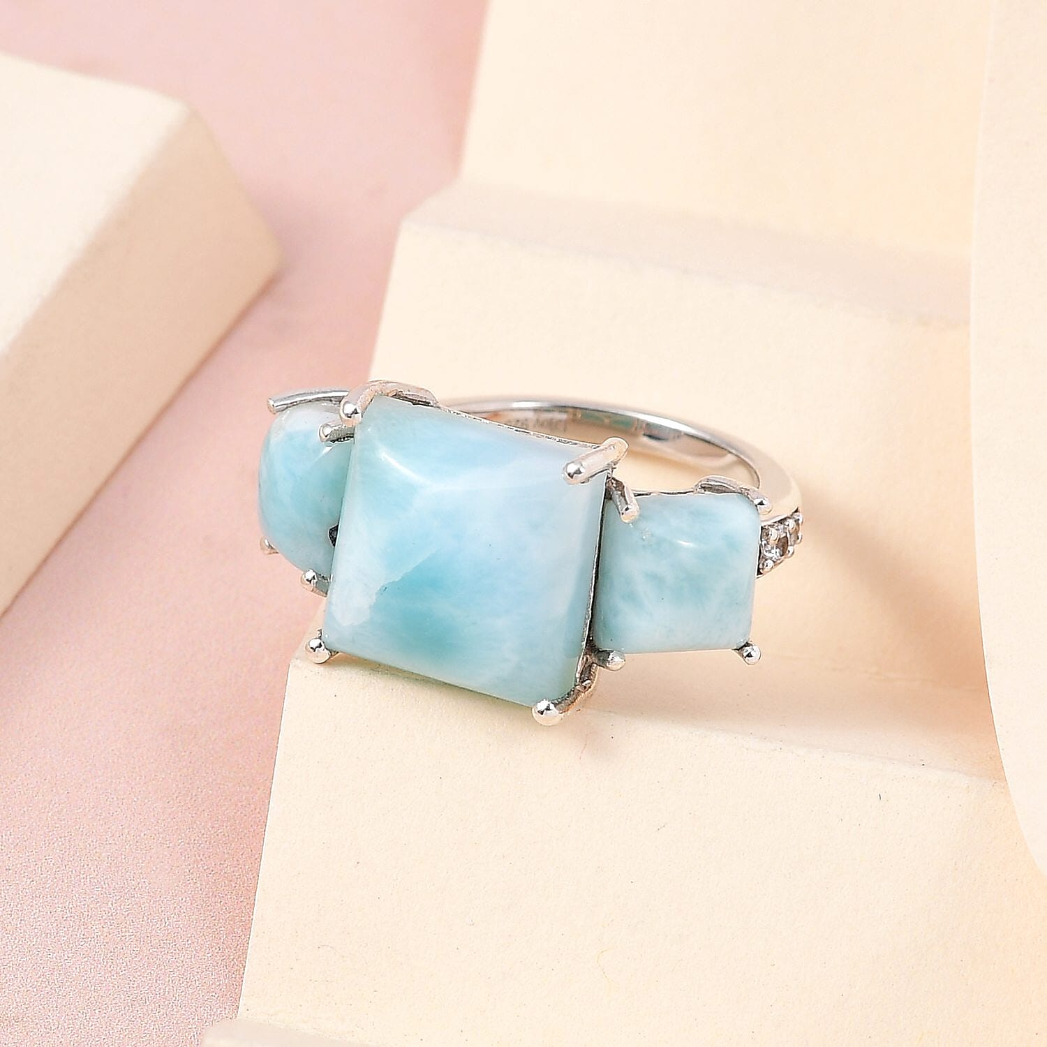 Buy Premium Larimar and White Zircon 3 Stone Ring in Platinum Over