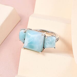 Premium Larimar and White Zircon 3 Stone Ring in Platinum Over Sterling Silver (Size 9.0) 13.60 ctw