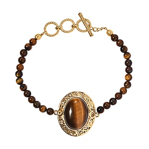 Tiger's Eye and Brazilian Citrine Beaded Toggle Clasp Bracelet in 14K Yellow Gold Over Copper with Magnet (7.25 In) 26.60 ctw