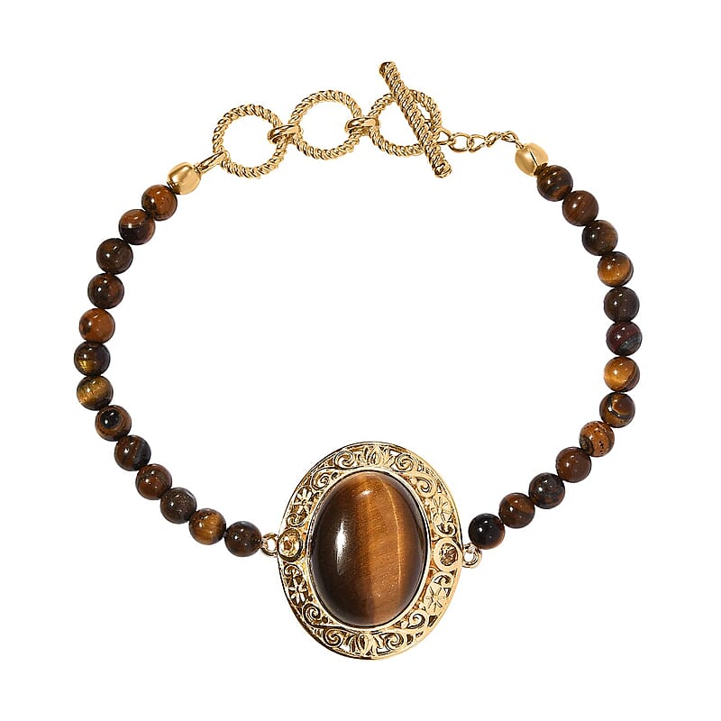 Tiger's Eye and Brazilian Citrine Beaded Toggle Clasp Bracelet in 14K Yellow Gold Over Copper with Magnet (7.25 In) 26.60 ctw