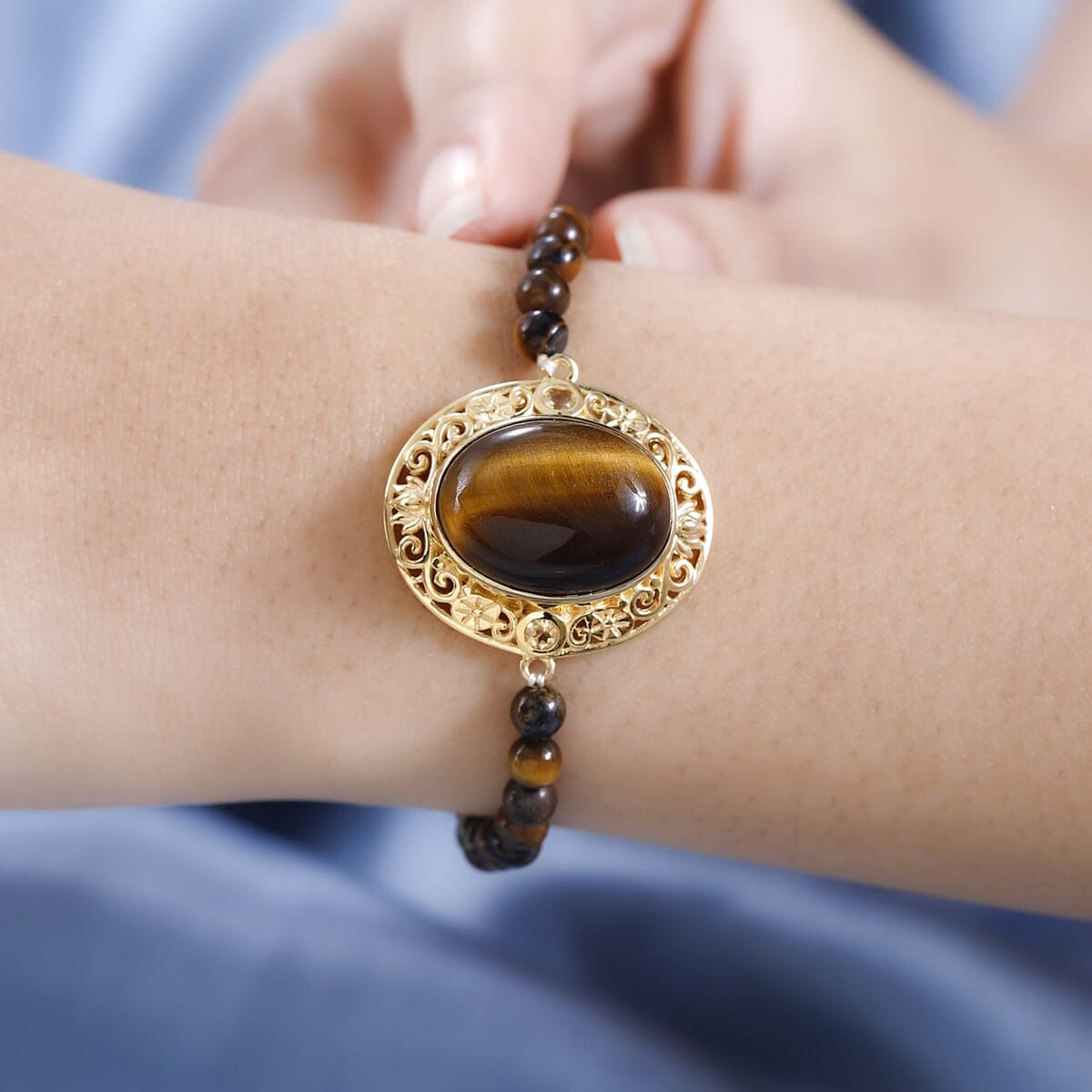 TLV Tiger's Eye, Brazilian Citrine Beaded Bracelet in 14K YG Over Copper (7.25 In) 26.60 ctw image number 1
