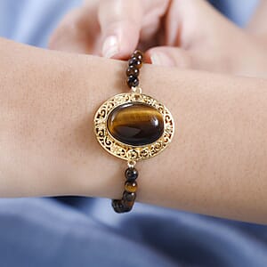 Tiger's Eye and Brazilian Citrine Beaded Toggle Clasp Bracelet in 14K Yellow Gold Over Copper with Magnet (7.25 In) 26.60 ctw