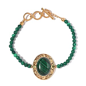 African Malachite and Peridot Beaded Toggle Clasp Bracelet in 14K Yellow Gold Over Copper with Magnet (7.25 In) 34.60 ctw