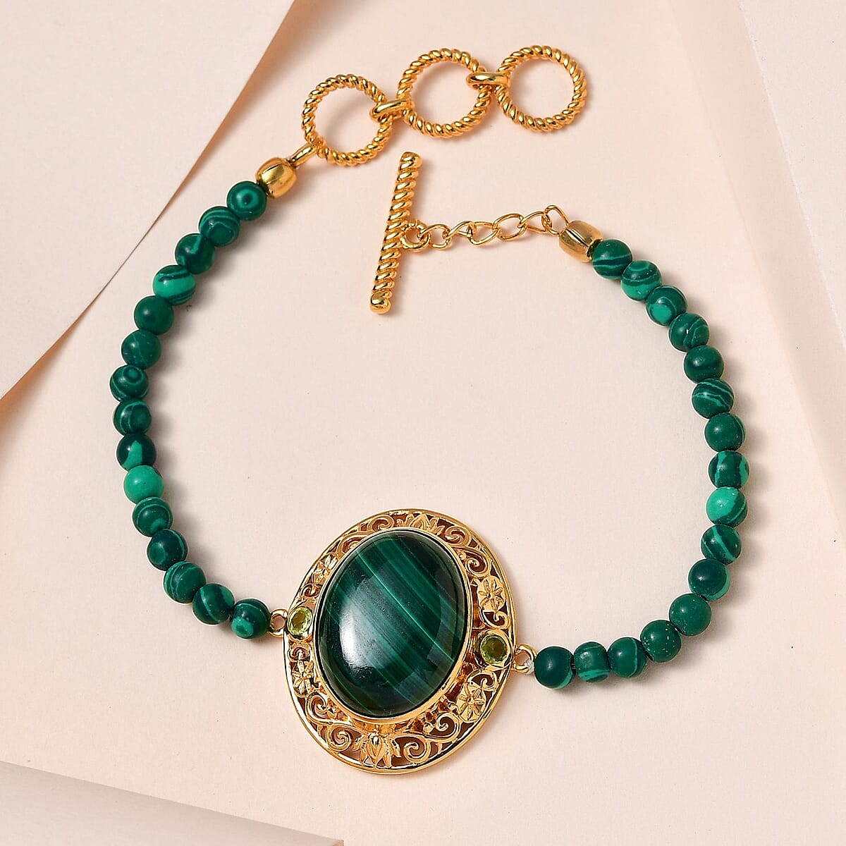 African Malachite and Peridot Beaded Toggle Clasp Bracelet in 14K Yellow Gold Over Copper with Magnet (7.25 In) 34.60 ctw image number 1