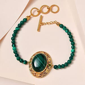 African Malachite and Peridot Beaded Toggle Clasp Bracelet in 14K Yellow Gold Over Copper with Magnet (7.25 In) 34.60 ctw