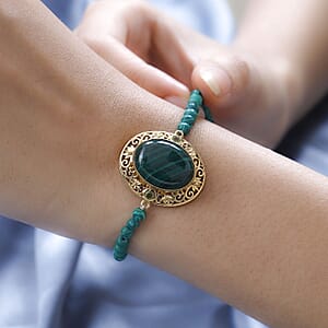 African Malachite and Peridot Beaded Toggle Clasp Bracelet in 14K Yellow Gold Over Copper with Magnet (7.25 In) 34.60 ctw