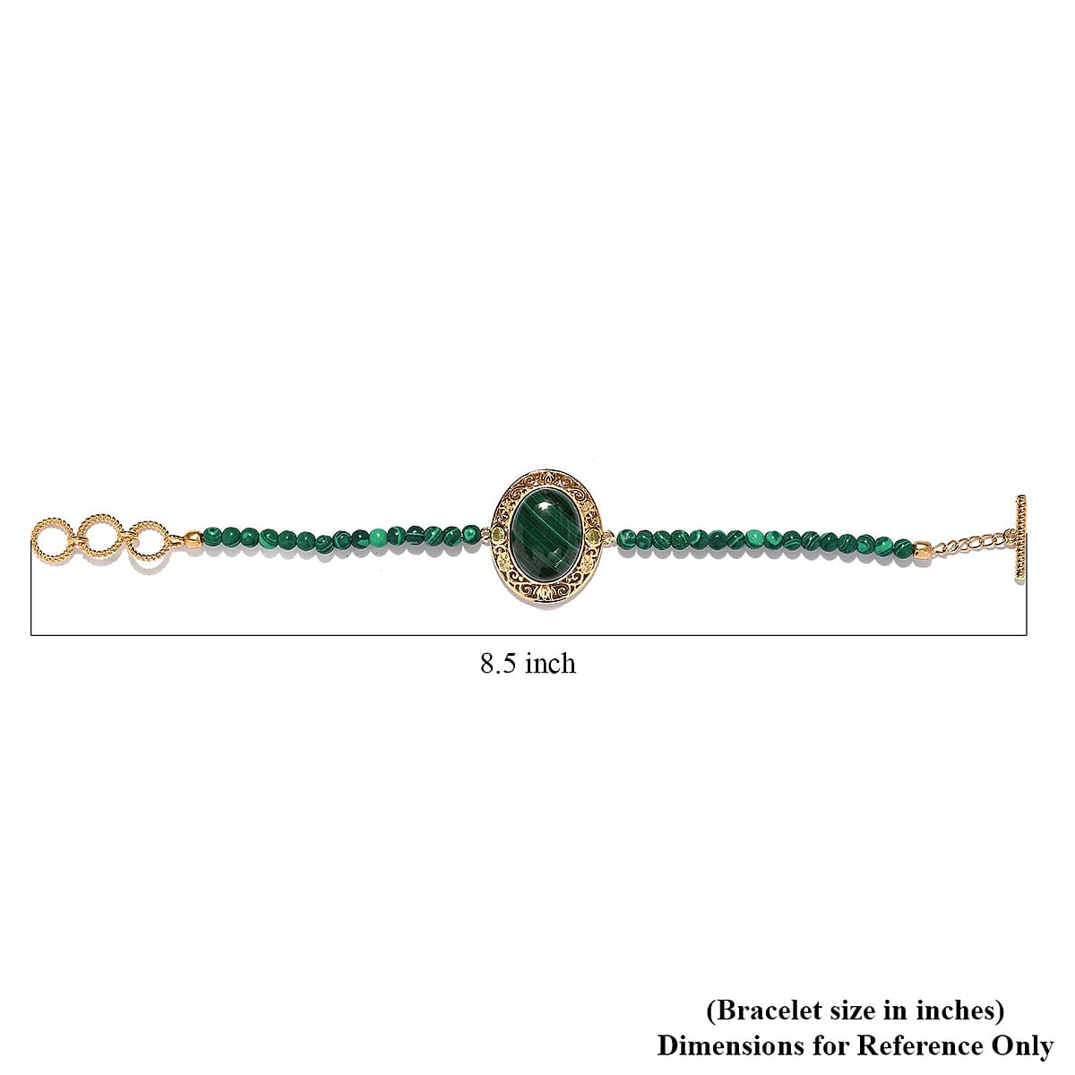 African Malachite and Peridot Beaded Toggle Clasp Bracelet in 14K Yellow Gold Over Copper with Magnet (7.25 In) 34.60 ctw image number 3