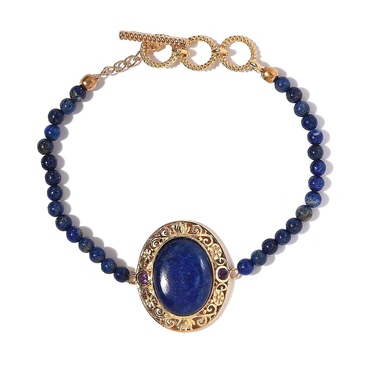 Lapis Lazuli and Amethyst Beaded Toggle Clasp Bracelet in 14K Yellow Gold Over Copper with Magnet (7.25 In) 27.00 ctw image number 0