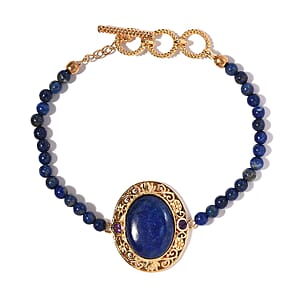 Lapis Lazuli and Amethyst Beaded Toggle Clasp Bracelet in 14K Yellow Gold Over Copper with Magnet (7.25 In) 27.00 ctw