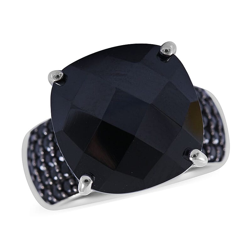 Checkerboard Cut Thai Black Spinel Ring in Platinum Over Sterling Silver (Size 10.0) 14.00 ctw