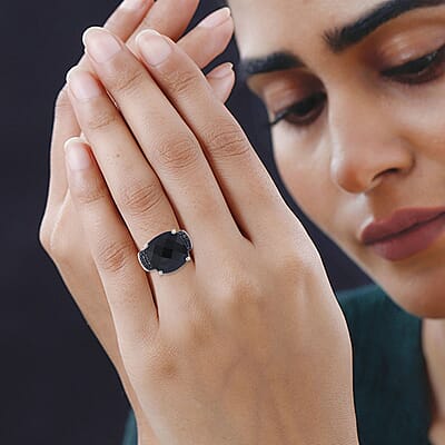Checkerboard Cut Thai Black Spinel Ring in Platinum Over Sterling Silver (Size 10.0) 14.00 ctw
