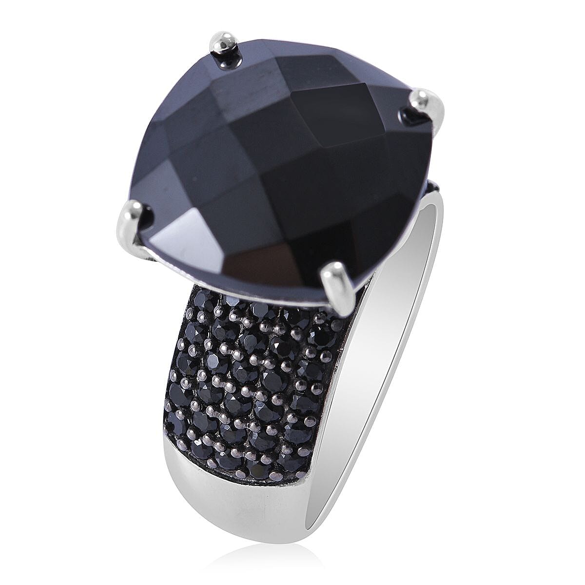 Checkerboard Cut Natural Thai Black Spinel Ring in Platinum Over Sterling Silver 14.00 ctw image number 2