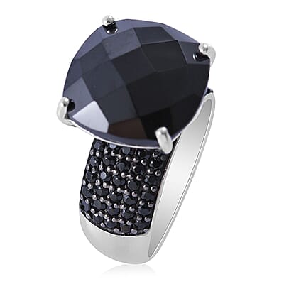 Checkerboard Cut Thai Black Spinel Ring in Platinum Over Sterling Silver (Size 10.0) 14.00 ctw