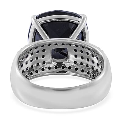 Checkerboard Cut Thai Black Spinel Ring in Platinum Over Sterling Silver (Size 10.0) 14.00 ctw