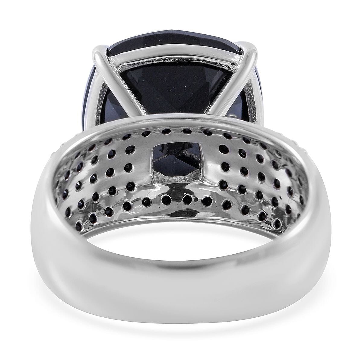Checkerboard Cut Thai Black Spinel Ring in Platinum Over Sterling Silver (Size 11.0) 14.00 ctw image number 3