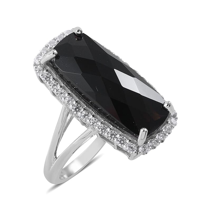 Checkerboard Cut Thai Black Spinel and White Zircon Ring in Platinum Over Sterling Silver (Size 10.0) 13.75 ctw