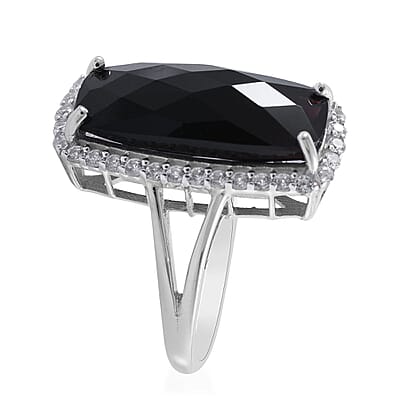Checkerboard Cut Thai Black Spinel and White Zircon Ring in Platinum Over Sterling Silver (Size 10.0) 13.75 ctw