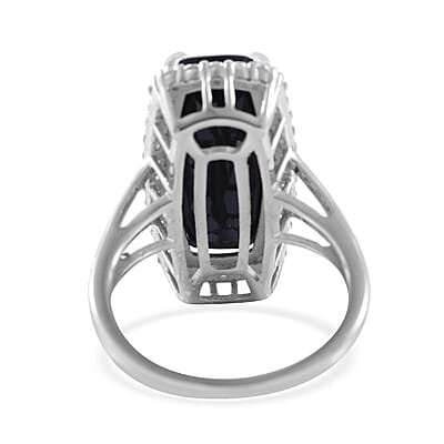 Checkerboard Cut Thai Black Spinel and White Zircon Ring in Platinum Over Sterling Silver (Size 10.0) 13.75 ctw