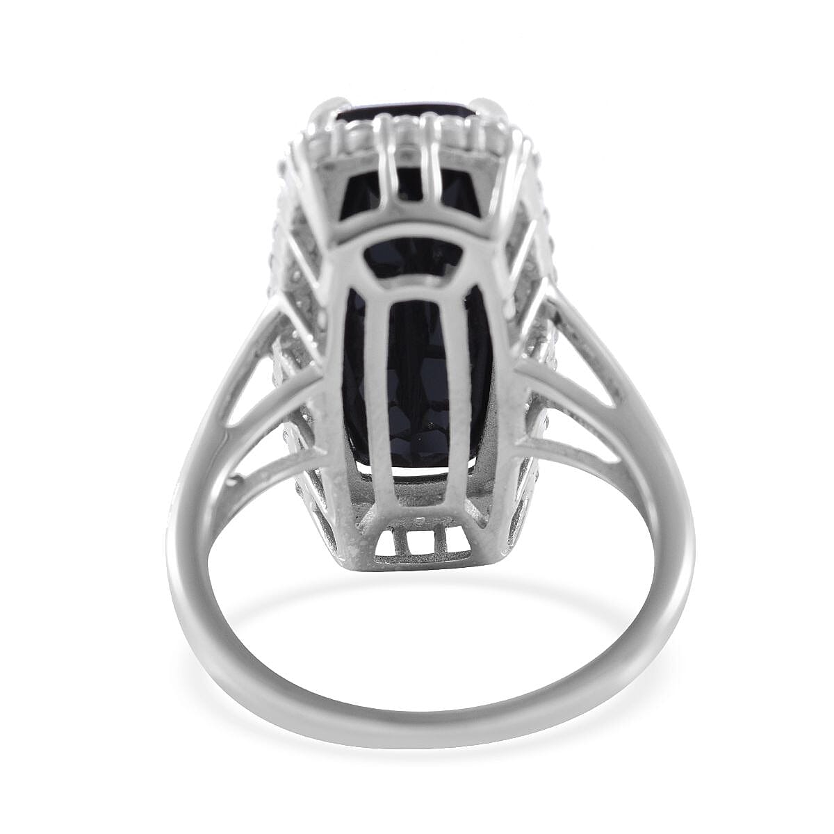 Checkerboard Cut Thai Black Spinel and White Zircon Ring in Platinum Over Sterling Silver (Size 7.0) 13.75 ctw image number 3