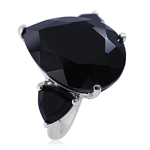 Thai Black Spinel Trilogy Ring in Platinum Over Sterling Silver (Size 7.0) 22.60 ctw