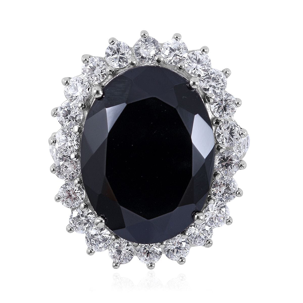 Thai Black Spinel and White Zircon Sunburst Ring in Platinum Over Sterling Silver (Size 10.0) 26.40 ctw