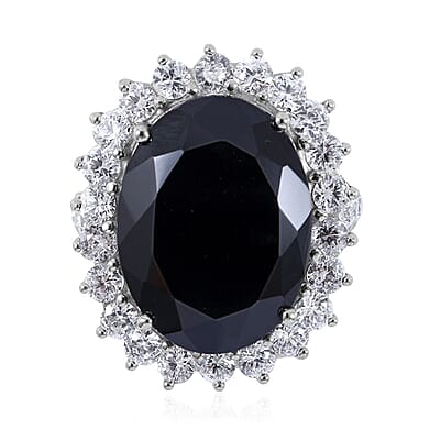 Thai Black Spinel and White Zircon Sunburst Ring in Platinum Over Sterling Silver (Size 10.0) 26.40 ctw
