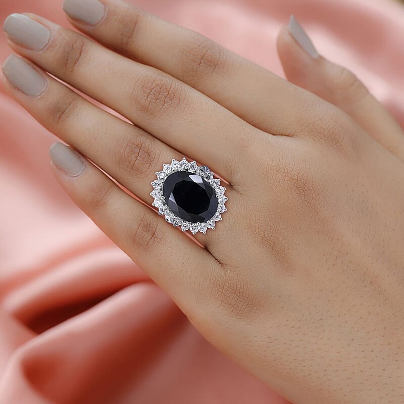 Thai Black Spinel and White Zircon Sunburst Ring in Platinum Over Sterling Silver (Size 10.0) 26.40 ctw