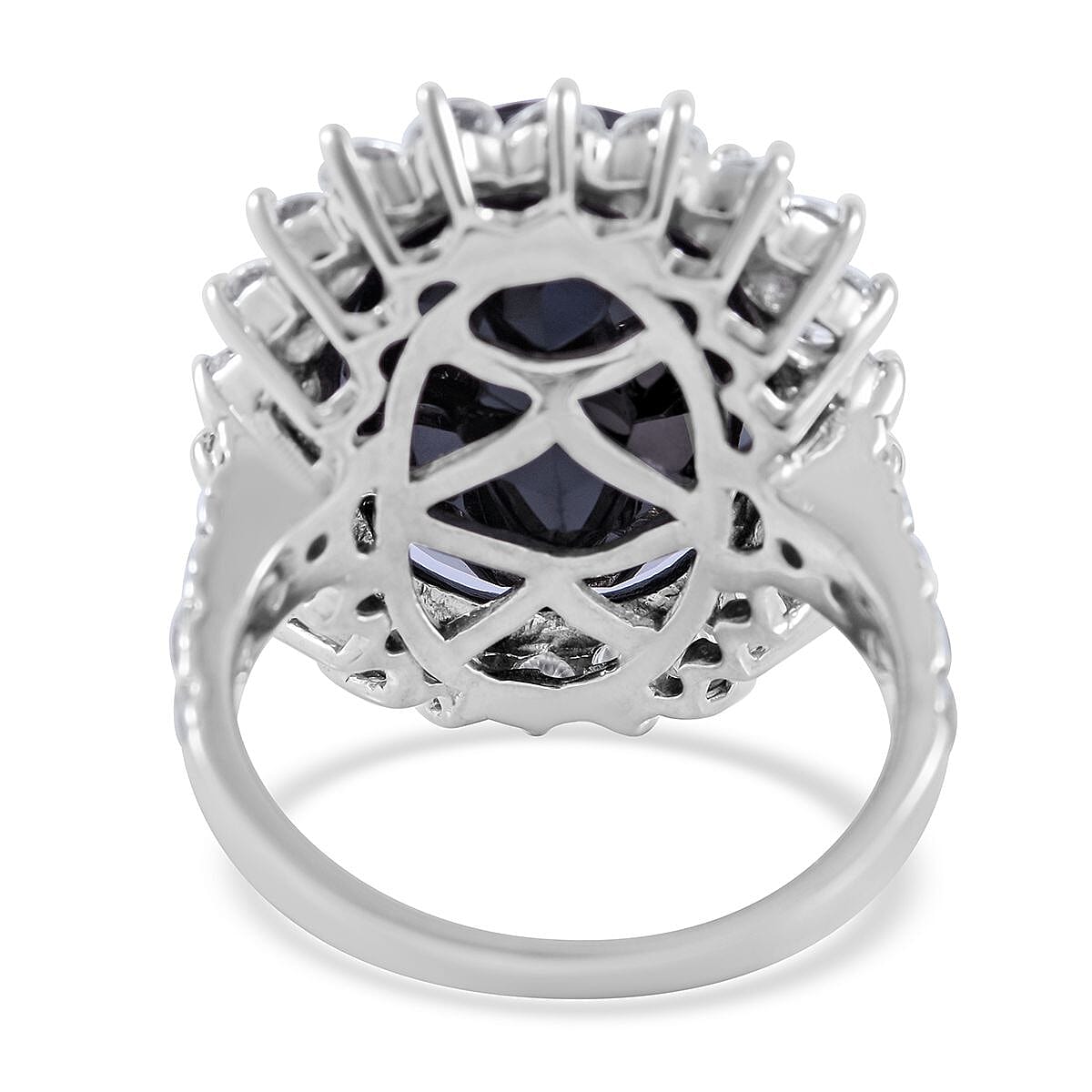 Thai Black Spinel and White Zircon Sunburst Ring in Platinum Over Sterling Silver (Size 10.0) 26.40 ctw