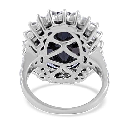 Thai Black Spinel and White Zircon Sunburst Ring in Platinum Over Sterling Silver (Size 10.0) 26.40 ctw