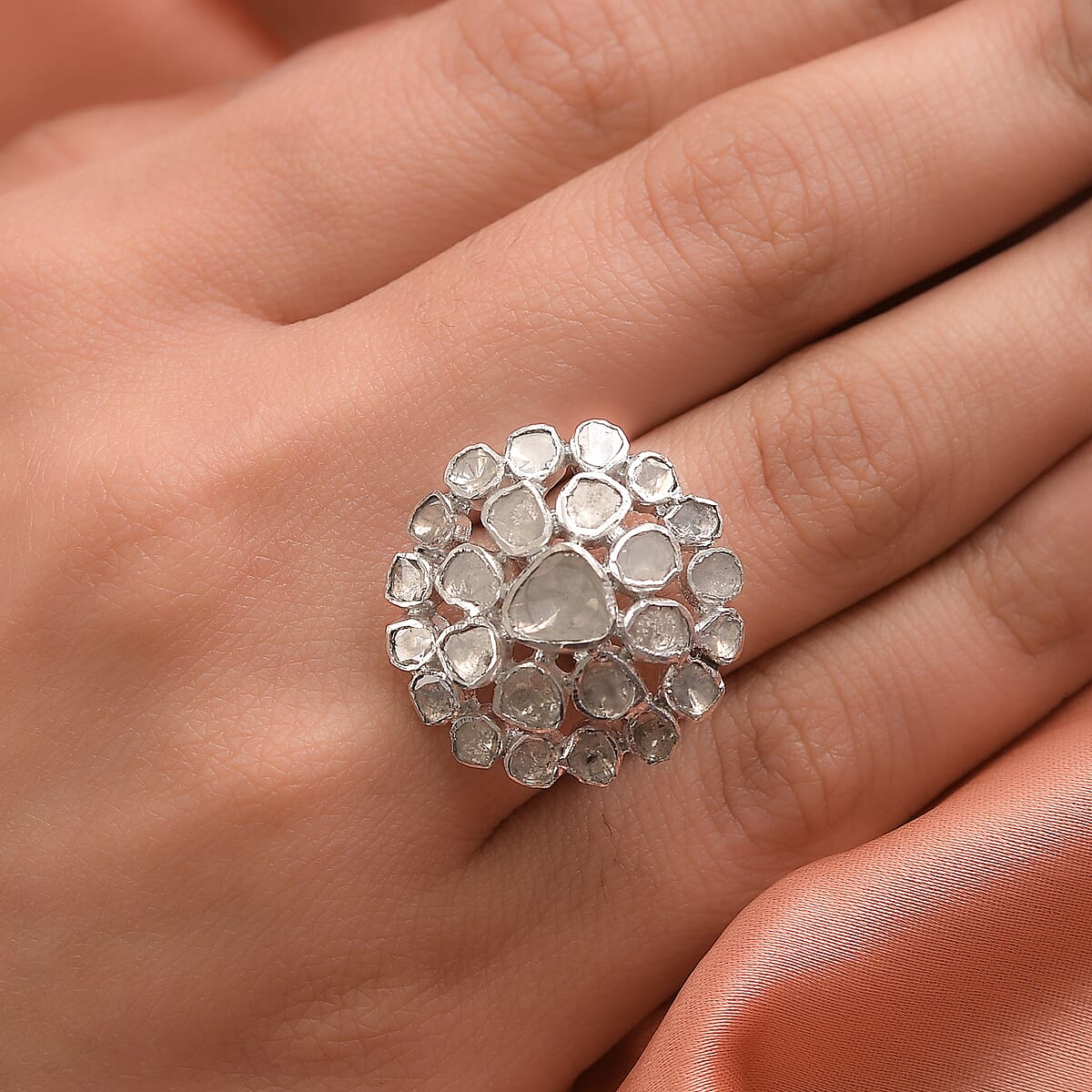 Polki Diamond Floral Ring in Platinum Over Sterling Silver (Size 5.0) 2.00 ctw image number 2
