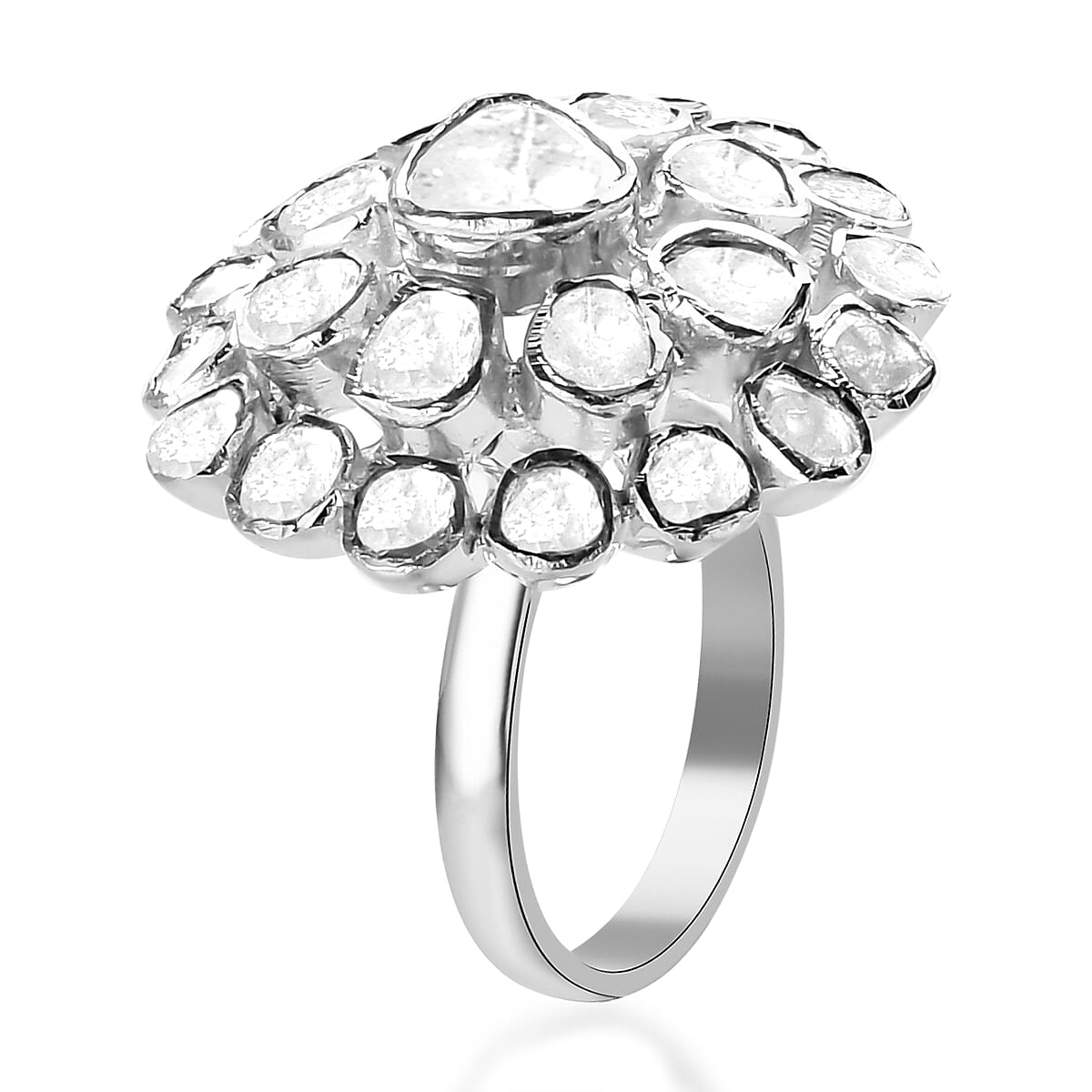 Polki Diamond Floral Ring in Platinum Over Sterling Silver (Size 5.0) 2.00 ctw image number 3
