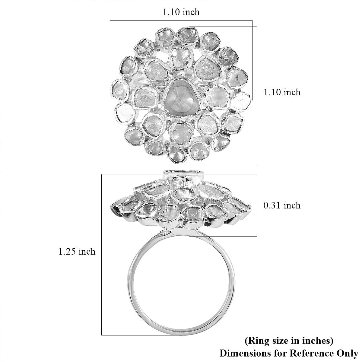 Polki Diamond Floral Ring in Platinum Over Sterling Silver (Size 5.0) 2.00 ctw image number 5