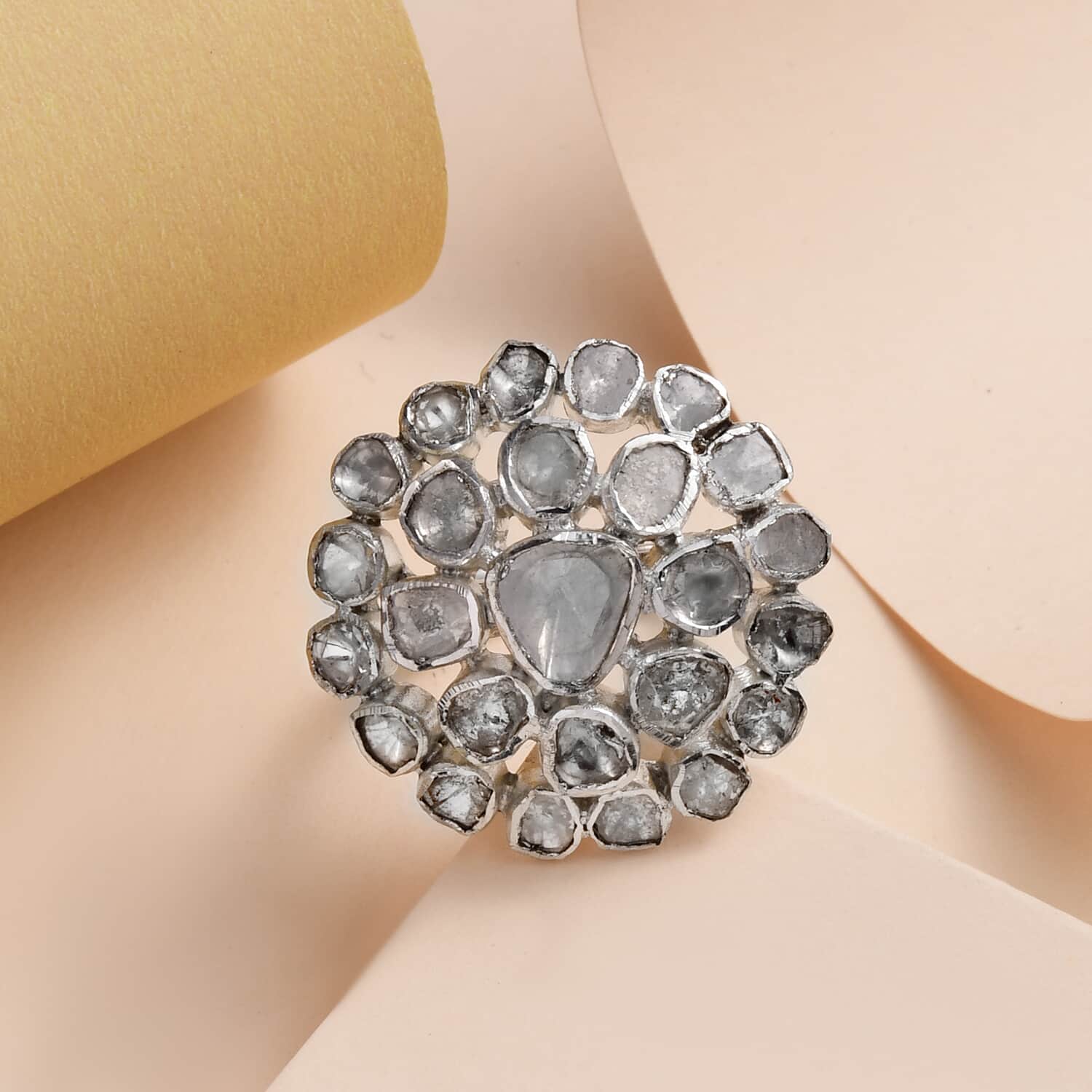 Polki Diamond Ring in Platinum Over Sterling Silver (Size 7.0) 2.00 ctw