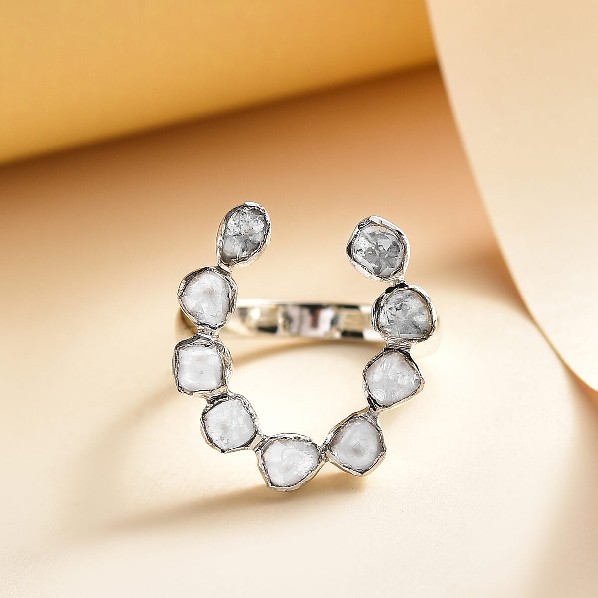 Polki Diamond Horseshoe Ring in Platinum Over Sterling Silver (Size 10.0) 0.50 ctw image number 1