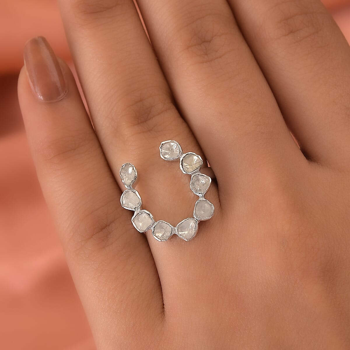 Polki Diamond Horseshoe Ring in Platinum Over Sterling Silver (Size 10.0) 0.50 ctw image number 2