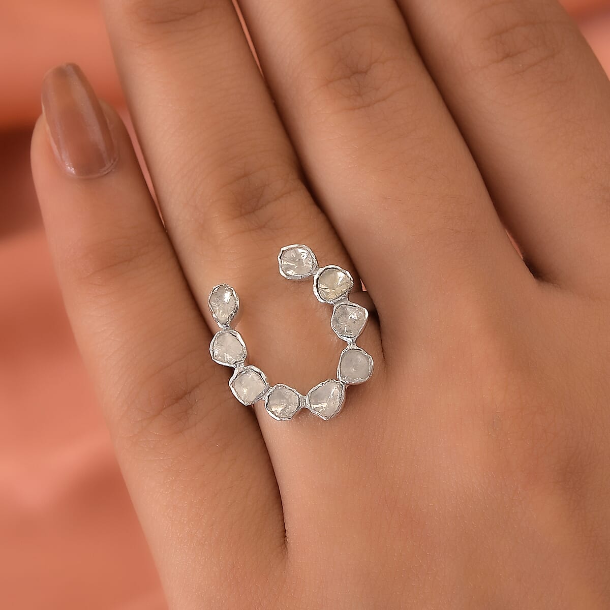 Polki Diamond Horseshoe Ring in Platinum Over Sterling Silver (Size 8.0) 0.50 ctw image number 2