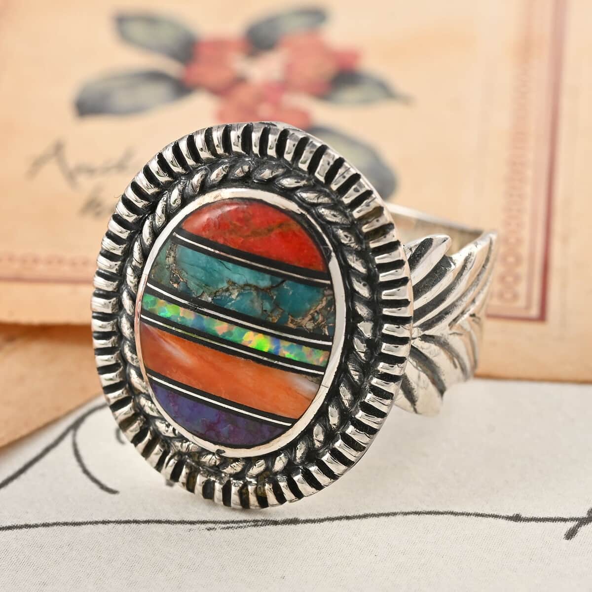 SANTA FE Style Multi Gemstone Ring in Sterling Silver 3.75 ctw image number 1