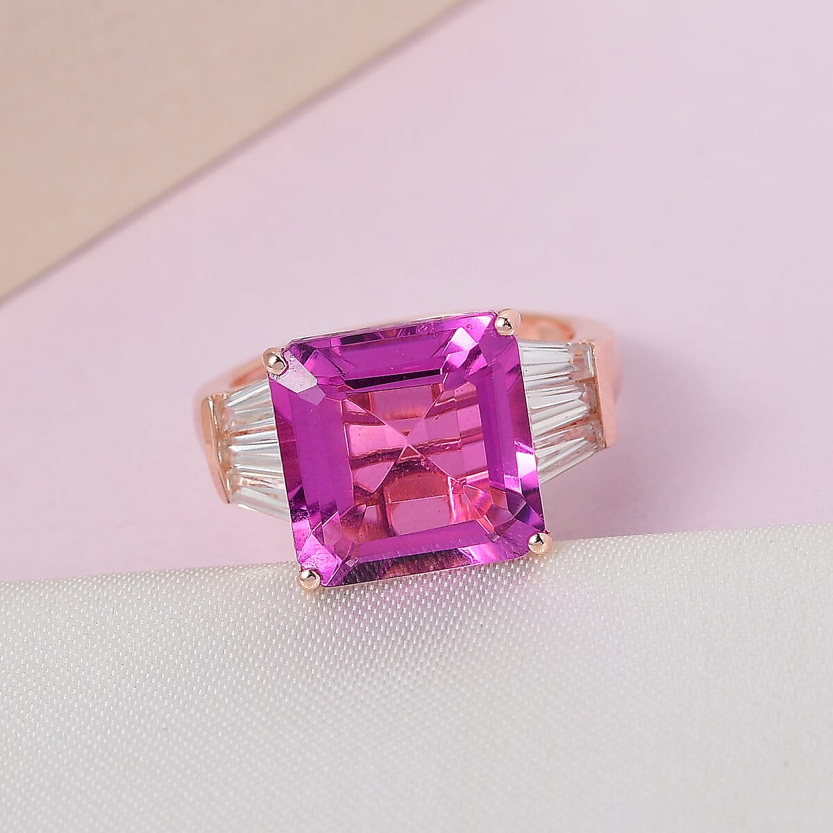 Asscher Cut African Lilac Quartz (Triplet) and White Zircon Ring in Vermeil Rose Gold Over Sterling Silver (Size 10.0) 9.85 ctw image number 1