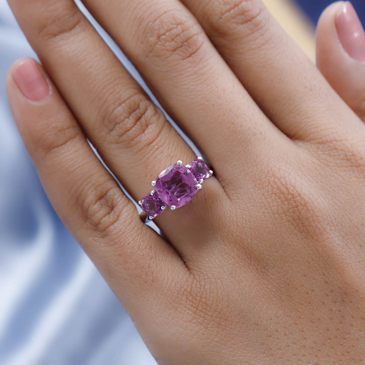 African Lilac Quartz (Triplet) 3 Stone Ring in Platinum Over Sterling Silver 4.25 ctw image number 2