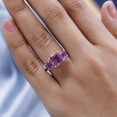 African Lilac Quartz (Triplet) 3 Stone Ring in Platinum Over Sterling Silver (Size 10.0) 4.25 ctw