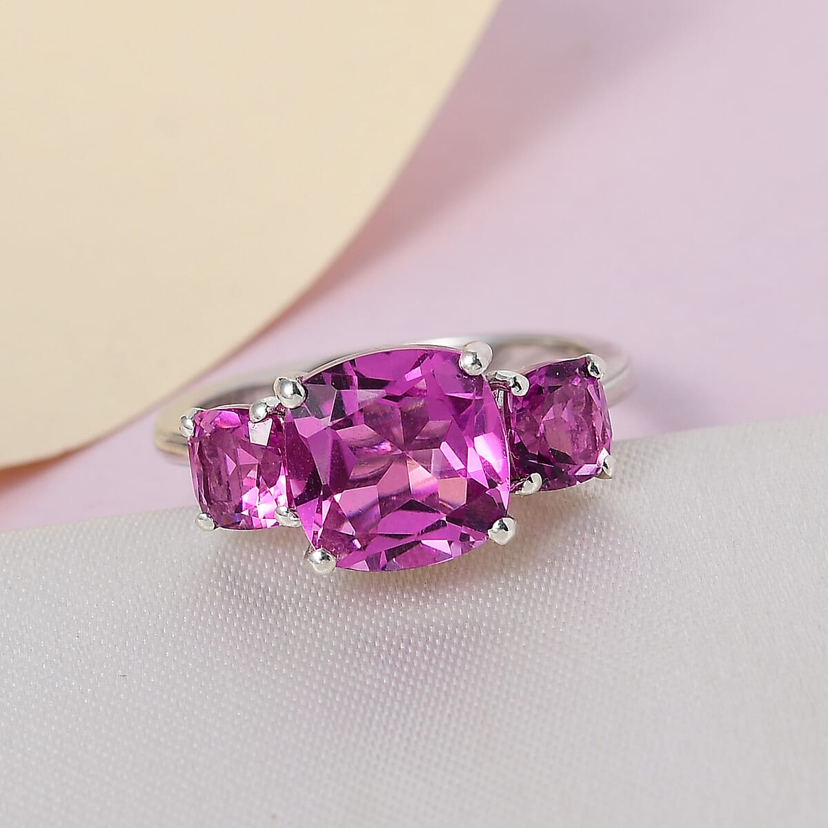 African Lilac Quartz (Triplet) 3 Stone Ring in Platinum Over Sterling Silver (Size 5.0) 4.25 ctw image number 1