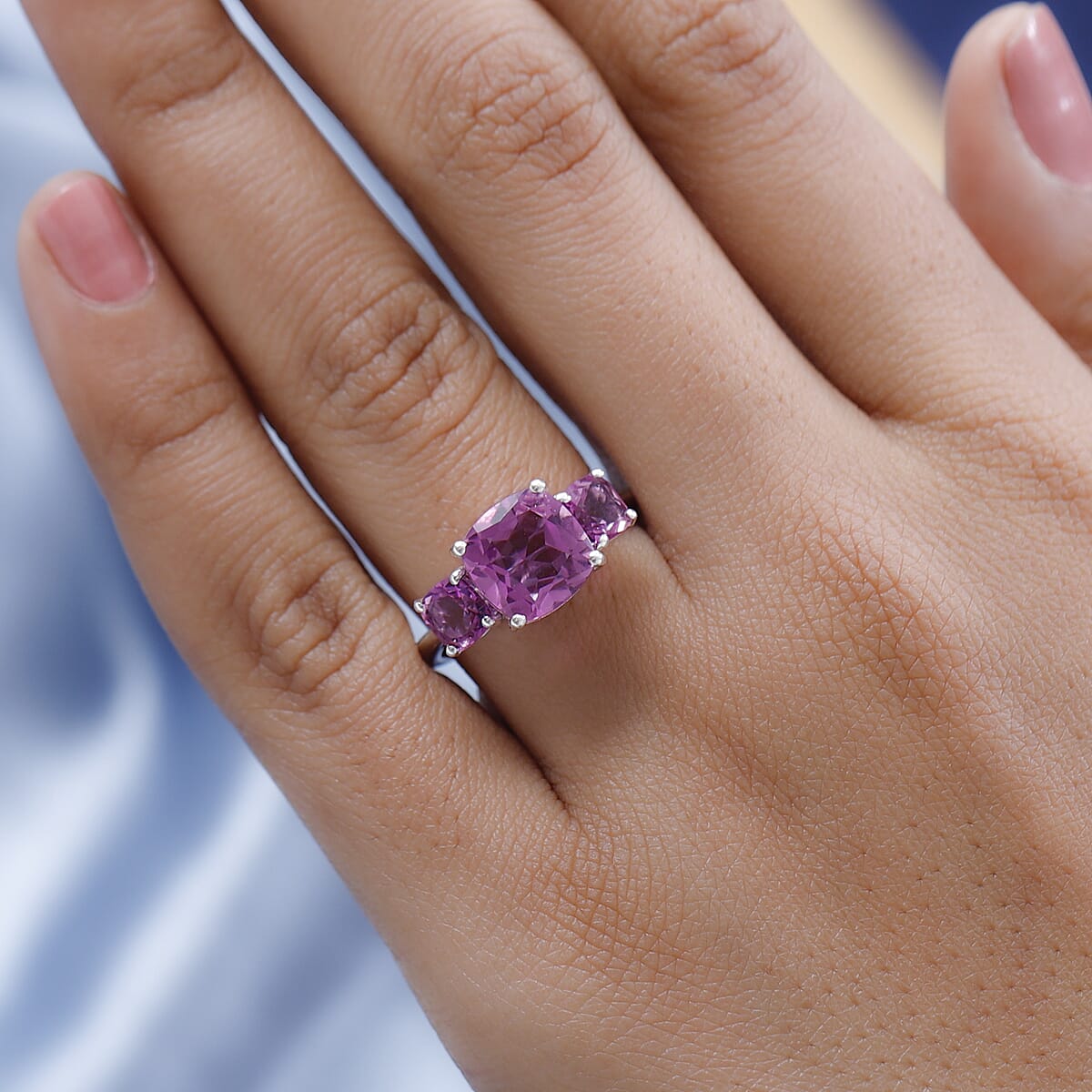African Lilac Quartz (Triplet) 3 Stone Ring in Platinum Over Sterling Silver (Size 5.0) 4.25 ctw image number 2